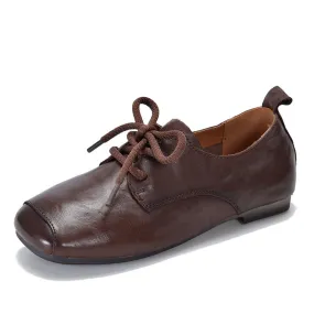 Genuine Leather Square Toe Retro Lace Up Flats Women's Shoes