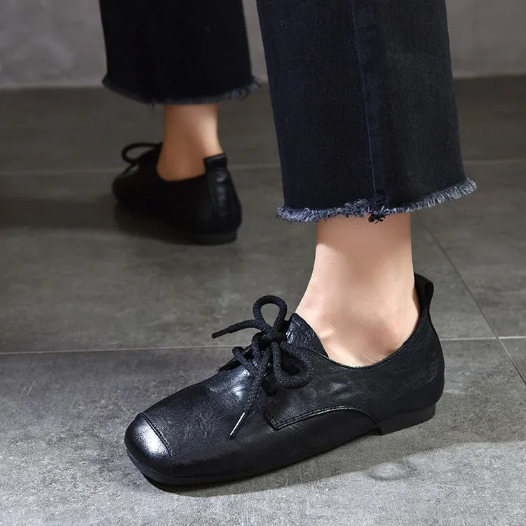 Genuine Leather Square Toe Retro Lace Up Flats Women's Shoes