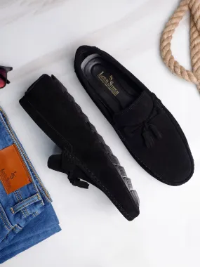 Jet Black Handmade Italian Suede Leather Penny Tassel Loafers