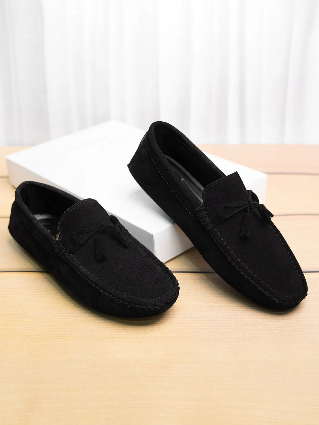 Jet Black Handmade Italian Suede Leather Penny Tassel Loafers