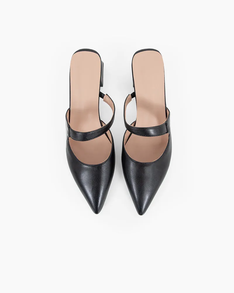 Pointed Toe Single Strap Block Heels Mules