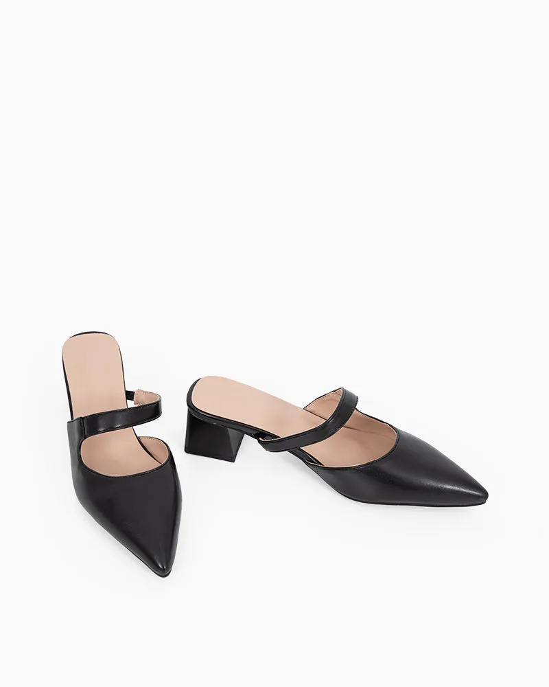 Pointed Toe Single Strap Block Heels Mules