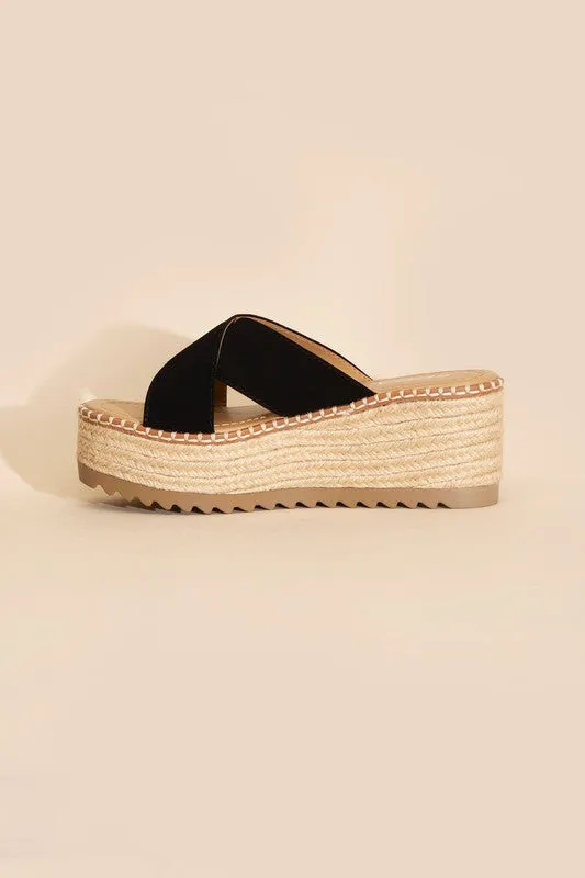 Raffia Crisscross Platform Slides