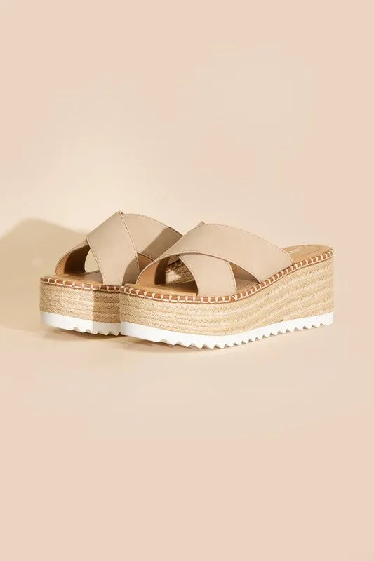 Raffia Crisscross Platform Slides