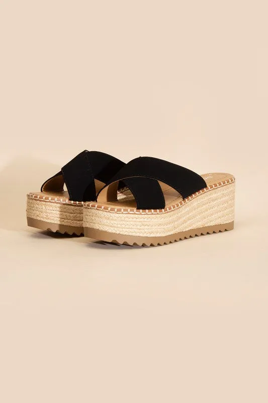 Raffia Crisscross Platform Slides