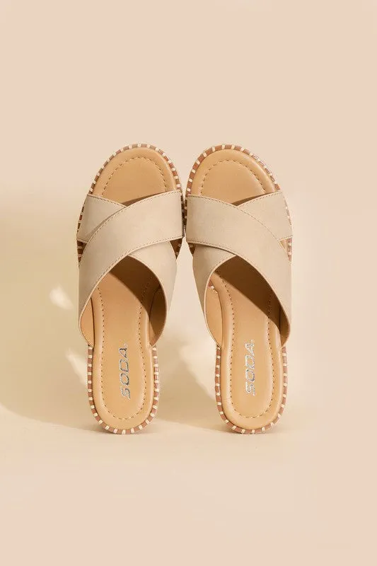 Raffia Crisscross Platform Slides