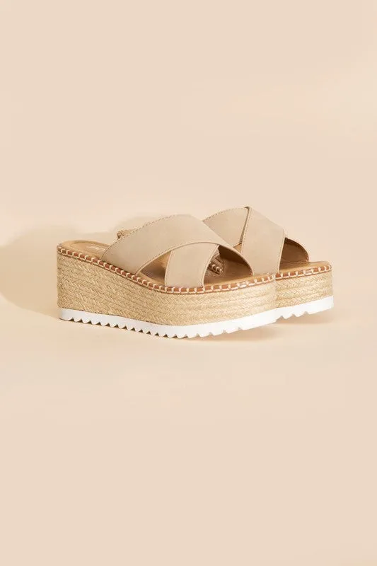 Raffia Crisscross Platform Slides