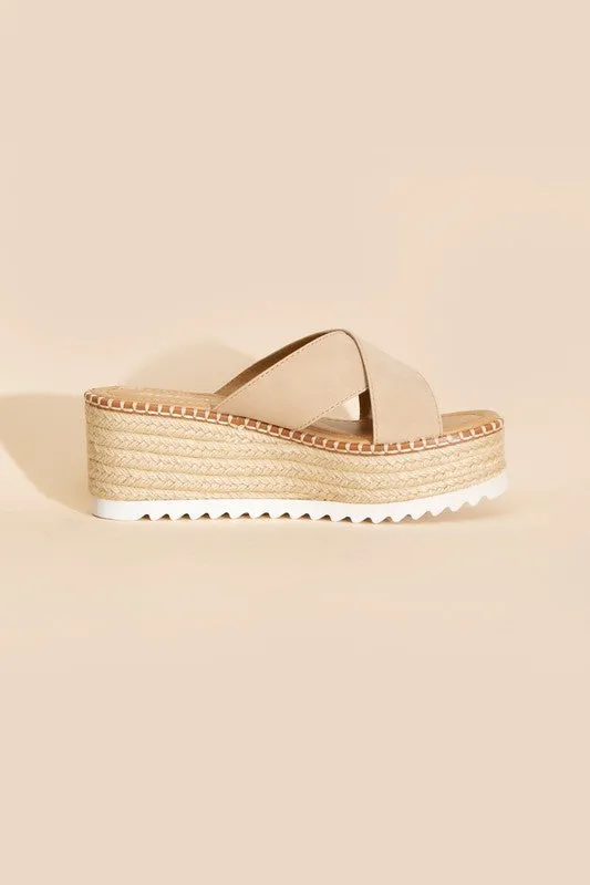 Raffia Crisscross Platform Slides