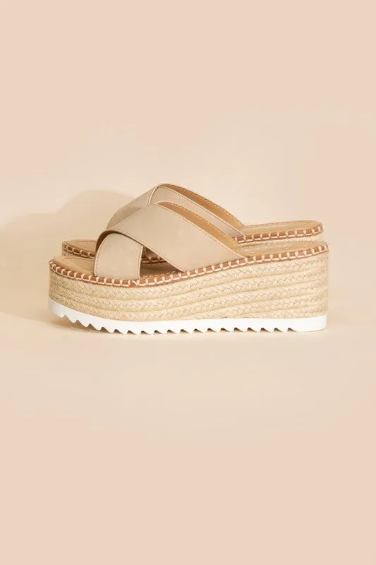 Raffia Crisscross Platform Slides