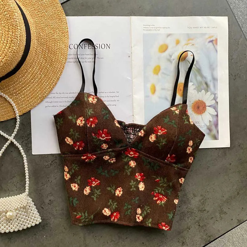 Retro Corduroy Camisole Fashionable All-Match Sexy Floral Top
