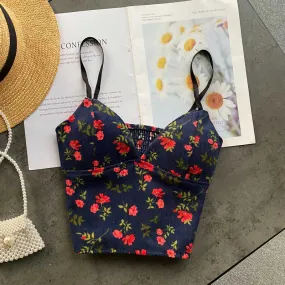 Retro Corduroy Camisole Fashionable All-Match Sexy Floral Top