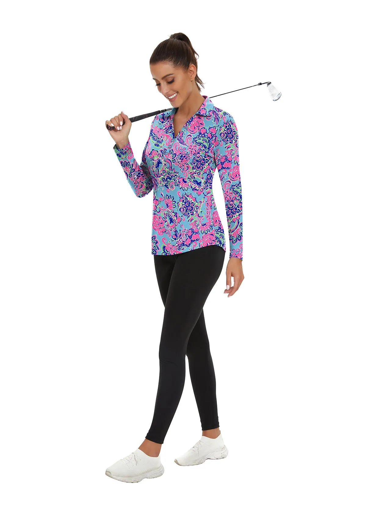 Retro Floral V-neck Long Sleeve Golf Polo Shirt For Women