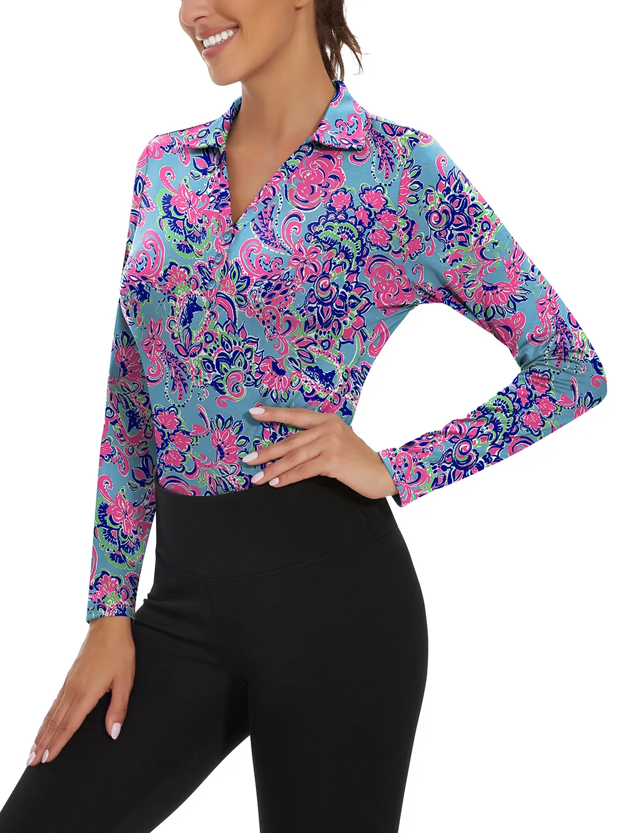 Retro Floral V-neck Long Sleeve Golf Polo Shirt For Women