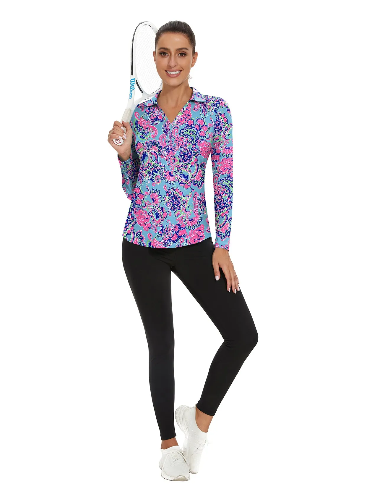 Retro Floral V-neck Long Sleeve Golf Polo Shirt For Women