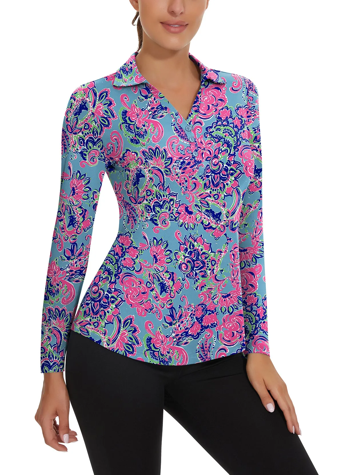 Retro Floral V-neck Long Sleeve Golf Polo Shirt For Women