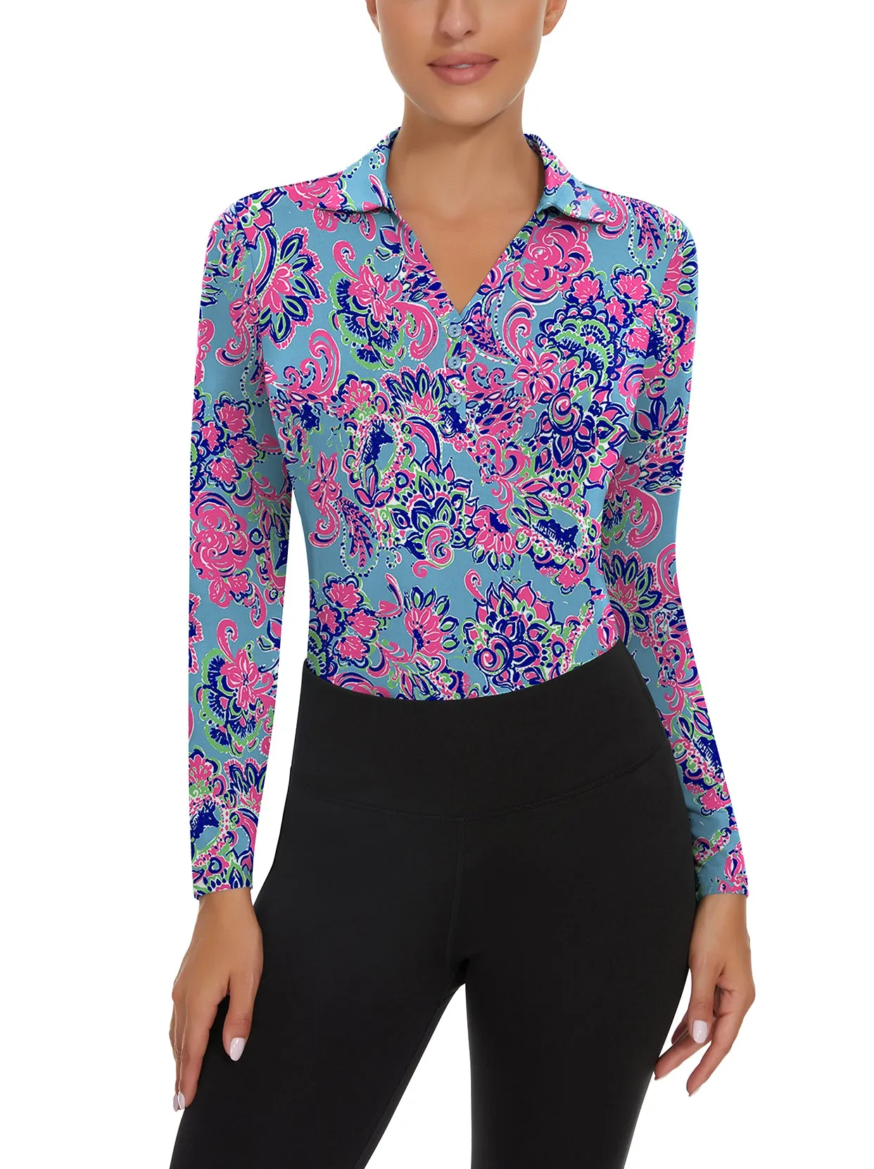 Retro Floral V-neck Long Sleeve Golf Polo Shirt For Women