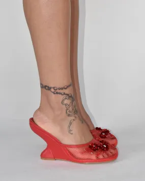 Shine Pearl Flower Mesh Wedge Mules In Red