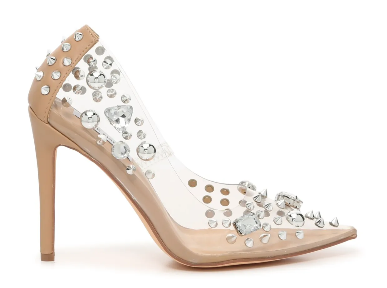 Steve Madden Nomah Silver Multi Fashion Slip On Stiletto Stud Dress Pump Shoes