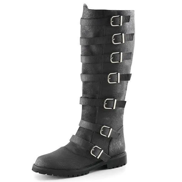 Women's knee high motorcycle boots retro medieval riding boots with buckle straps