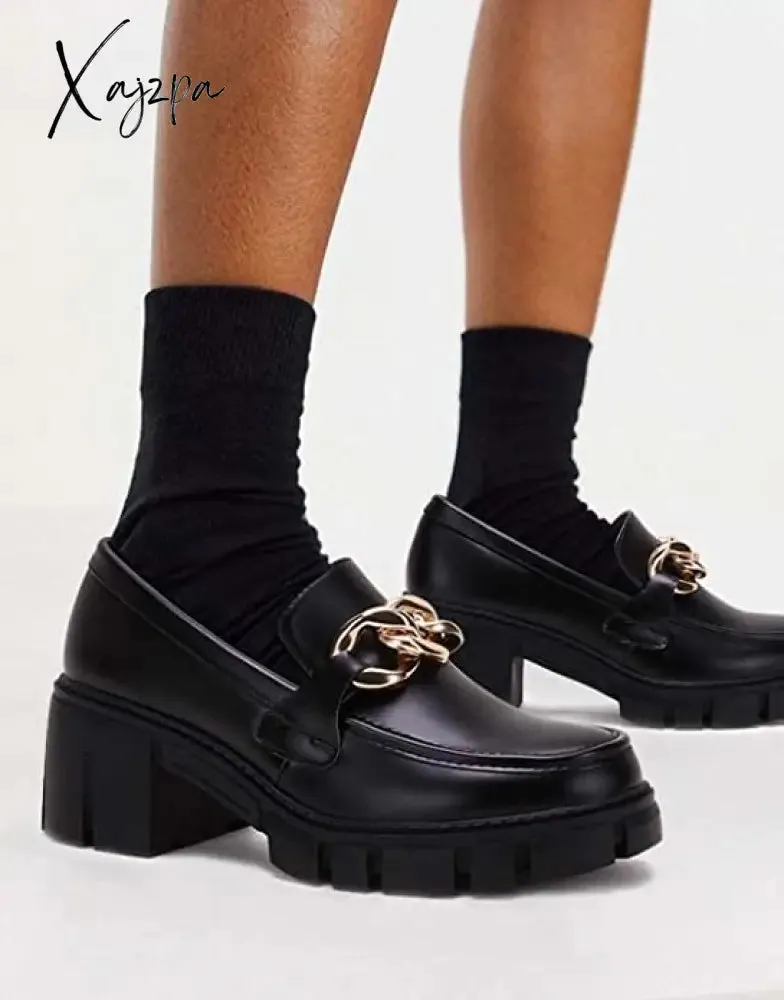 Xajzpa - Women Party Chunky Heel Loafers Comfort Platform Loafers Slip on Lug Sole Shoes