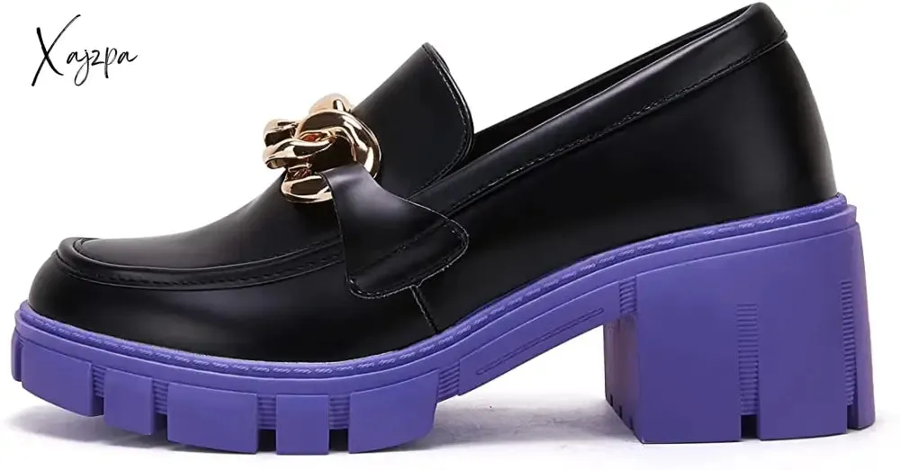 Xajzpa - Women Party Chunky Heel Loafers Comfort Platform Loafers Slip on Lug Sole Shoes