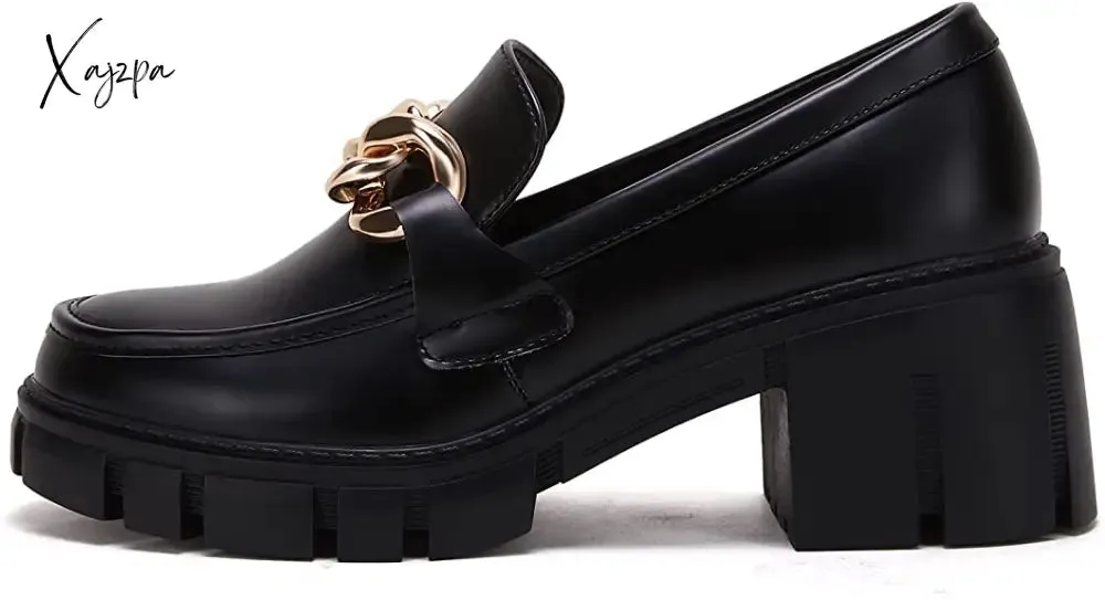 Xajzpa - Women Party Chunky Heel Loafers Comfort Platform Loafers Slip on Lug Sole Shoes