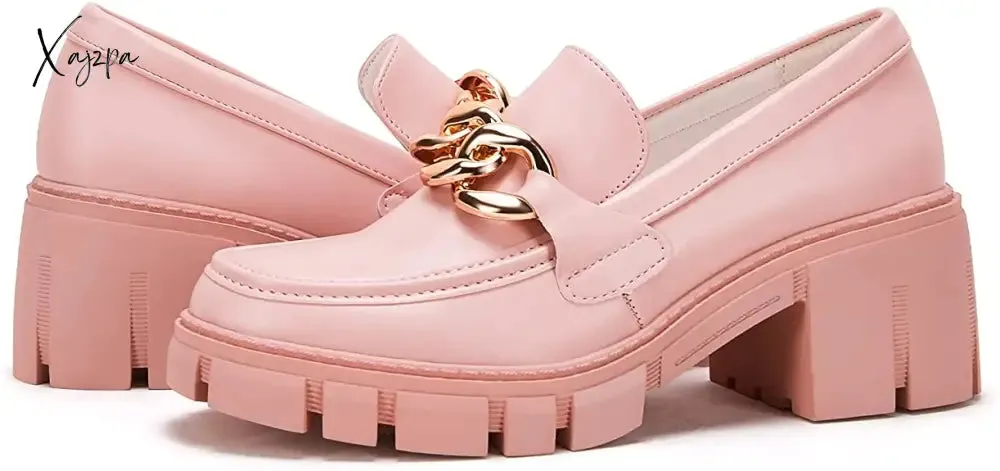 Xajzpa - Women Party Chunky Heel Loafers Comfort Platform Loafers Slip on Lug Sole Shoes