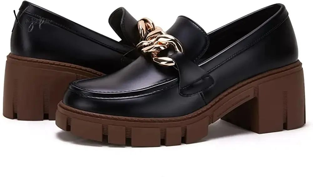 Xajzpa - Women Party Chunky Heel Loafers Comfort Platform Loafers Slip on Lug Sole Shoes