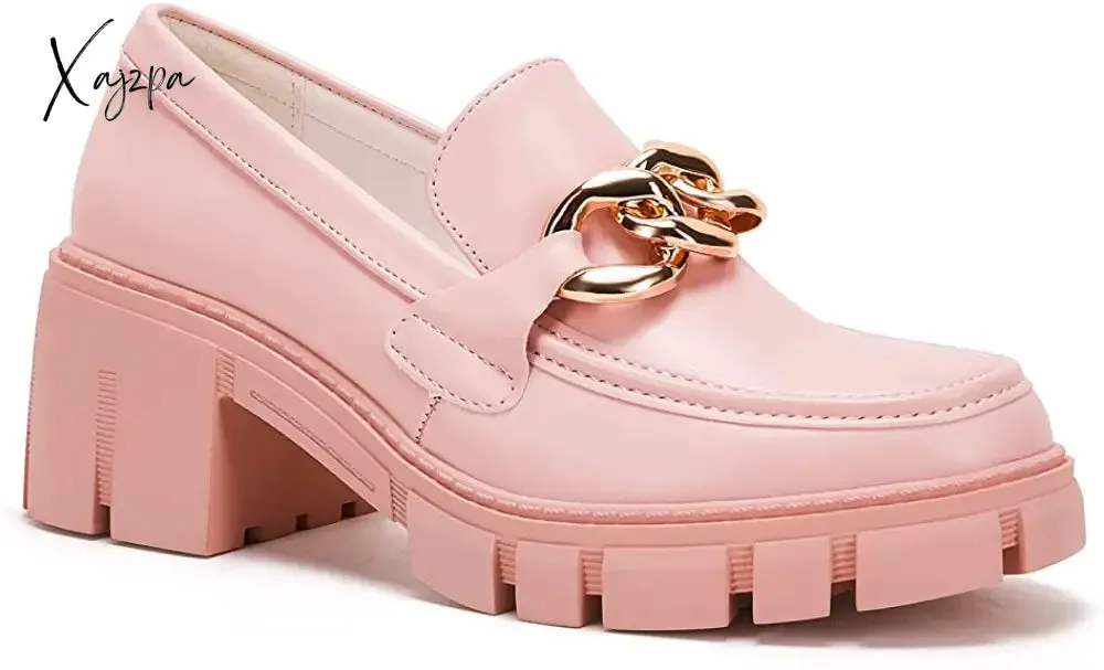 Xajzpa - Women Party Chunky Heel Loafers Comfort Platform Loafers Slip on Lug Sole Shoes