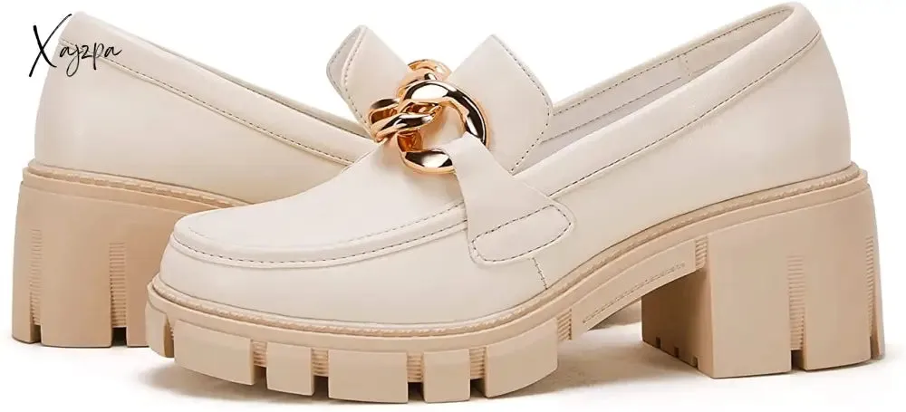 Xajzpa - Women Party Chunky Heel Loafers Comfort Platform Loafers Slip on Lug Sole Shoes