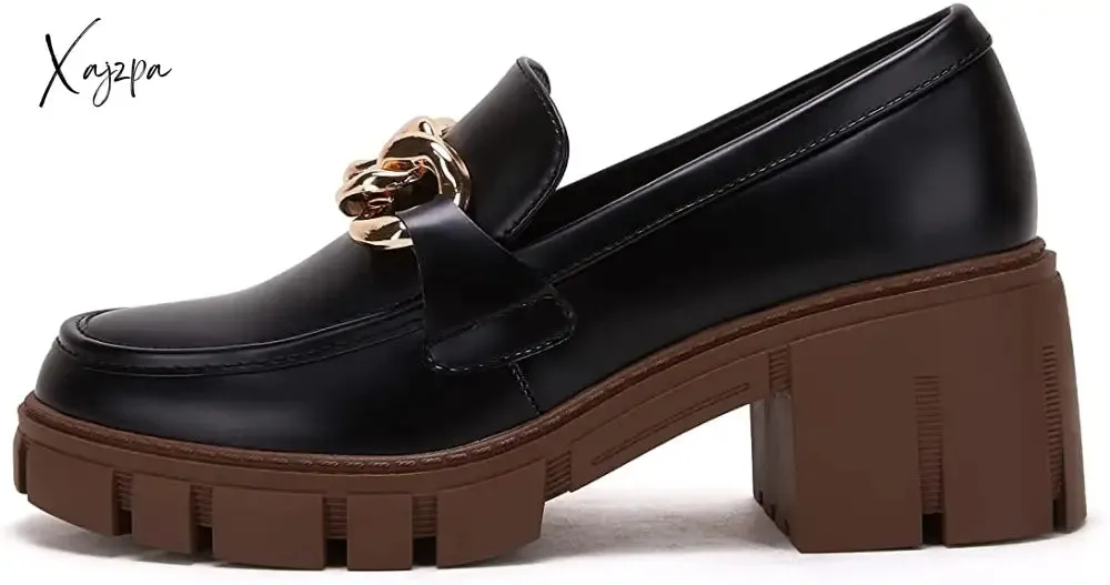 Xajzpa - Women Party Chunky Heel Loafers Comfort Platform Loafers Slip on Lug Sole Shoes