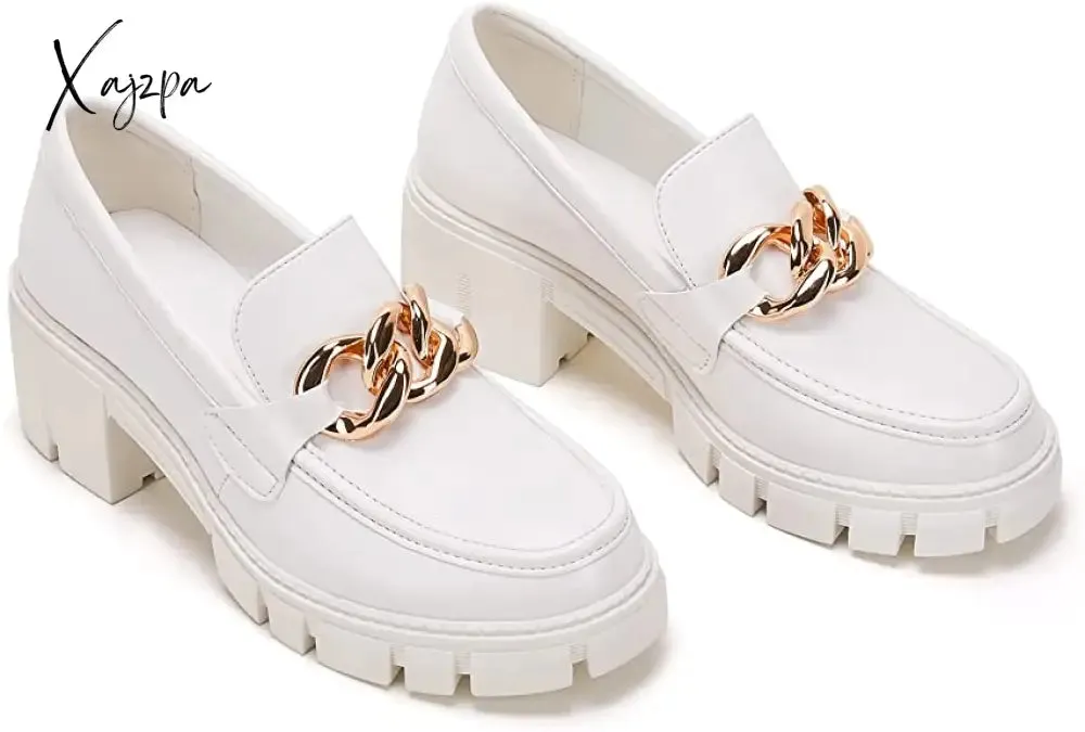Xajzpa - Women Party Chunky Heel Loafers Comfort Platform Loafers Slip on Lug Sole Shoes