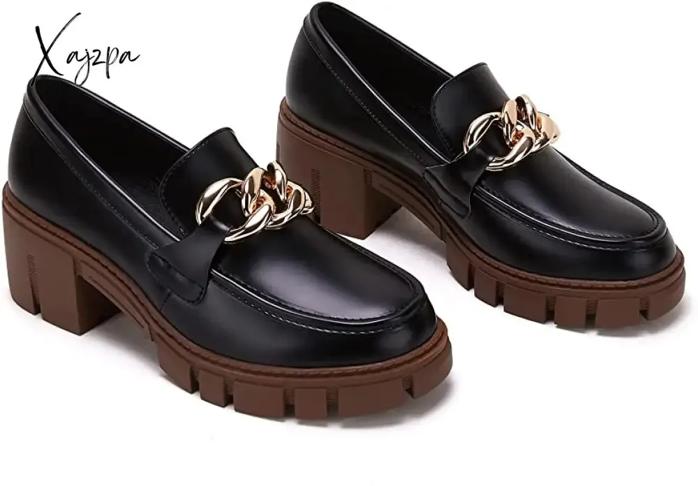 Xajzpa - Women Party Chunky Heel Loafers Comfort Platform Loafers Slip on Lug Sole Shoes