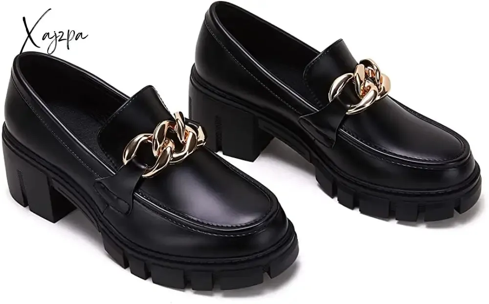 Xajzpa - Women Party Chunky Heel Loafers Comfort Platform Loafers Slip on Lug Sole Shoes