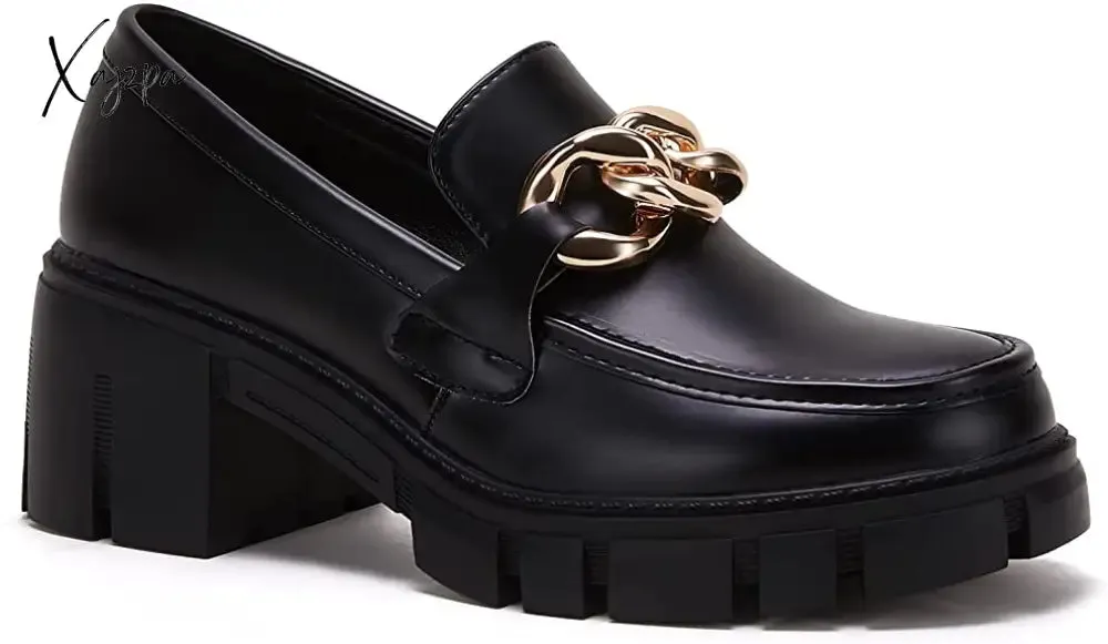 Xajzpa - Women Party Chunky Heel Loafers Comfort Platform Loafers Slip on Lug Sole Shoes