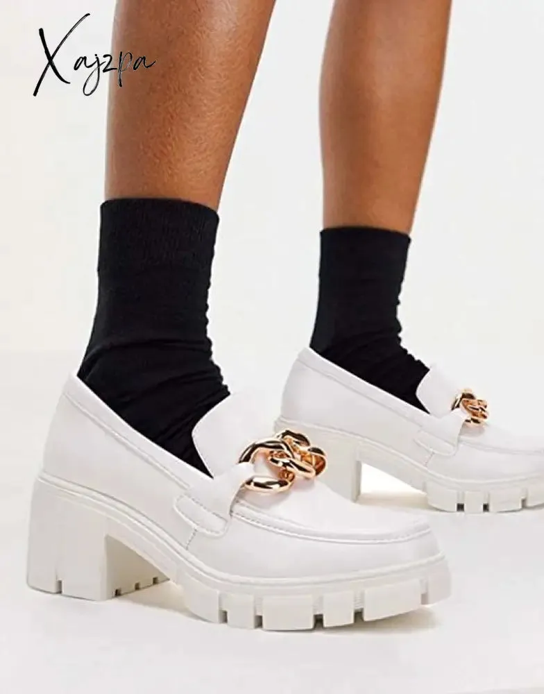 Xajzpa - Women Party Chunky Heel Loafers Comfort Platform Loafers Slip on Lug Sole Shoes