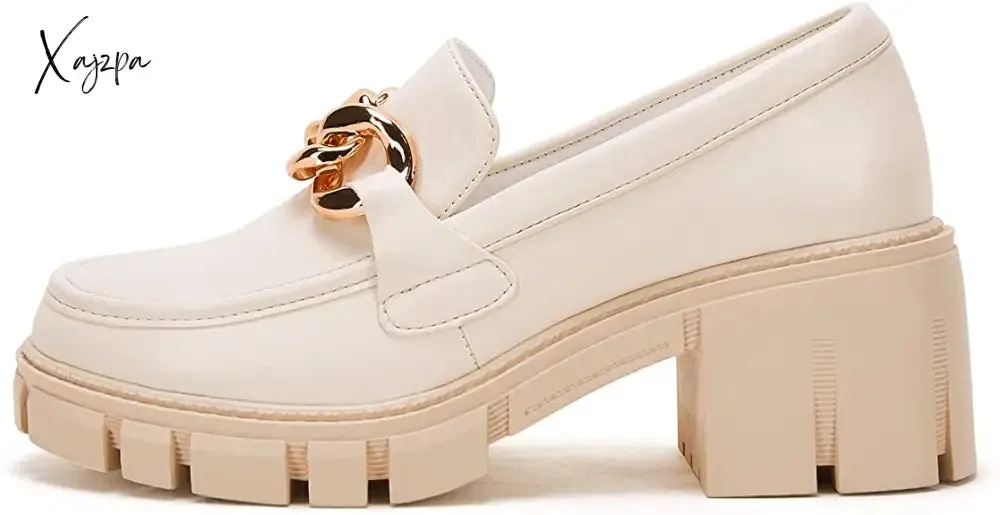 Xajzpa - Women Party Chunky Heel Loafers Comfort Platform Loafers Slip on Lug Sole Shoes