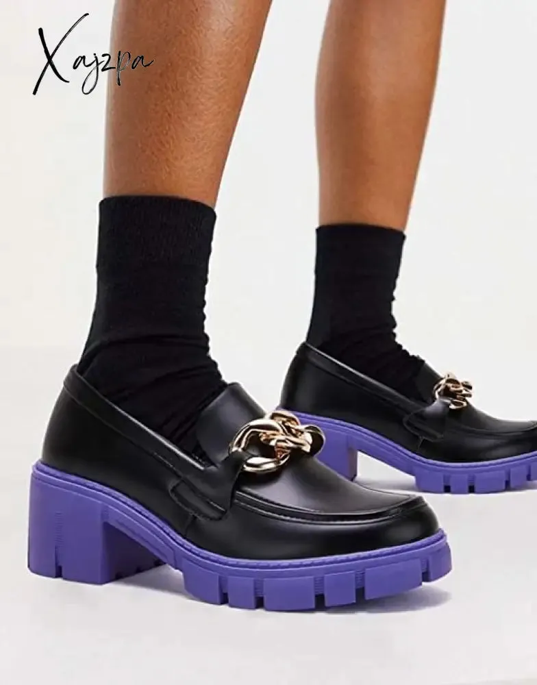 Xajzpa - Women Party Chunky Heel Loafers Comfort Platform Loafers Slip on Lug Sole Shoes