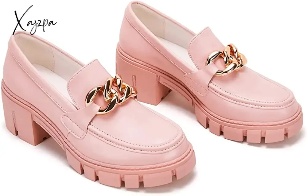 Xajzpa - Women Party Chunky Heel Loafers Comfort Platform Loafers Slip on Lug Sole Shoes