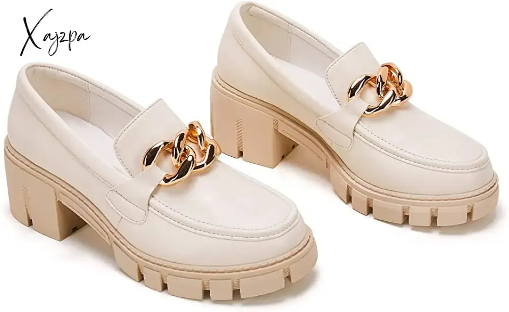 Xajzpa - Women Party Chunky Heel Loafers Comfort Platform Loafers Slip on Lug Sole Shoes