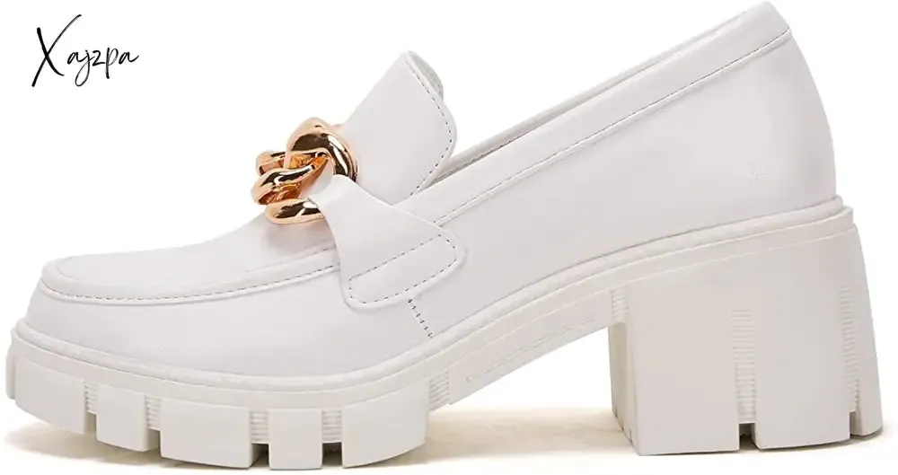 Xajzpa - Women Party Chunky Heel Loafers Comfort Platform Loafers Slip on Lug Sole Shoes
