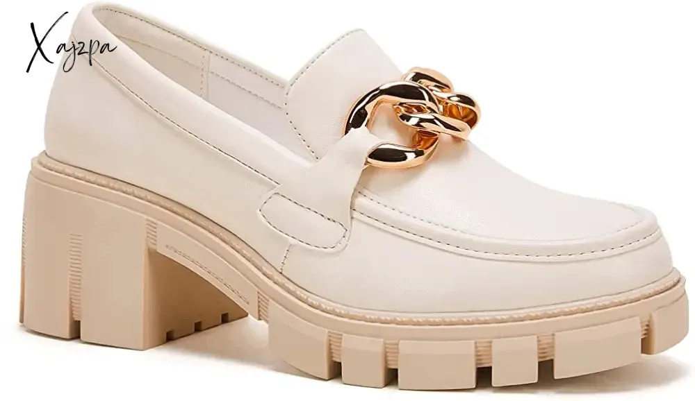 Xajzpa - Women Party Chunky Heel Loafers Comfort Platform Loafers Slip on Lug Sole Shoes