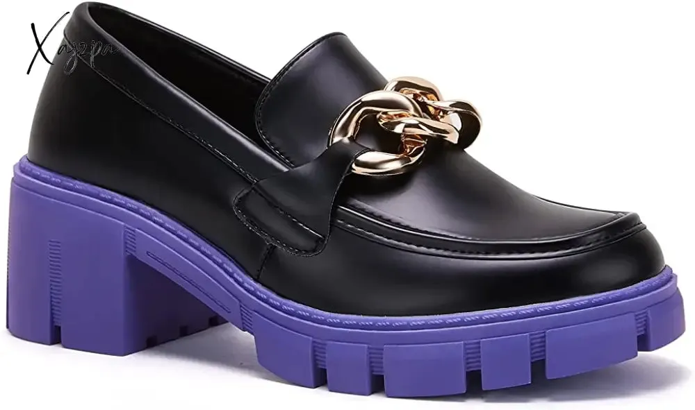 Xajzpa - Women Party Chunky Heel Loafers Comfort Platform Loafers Slip on Lug Sole Shoes