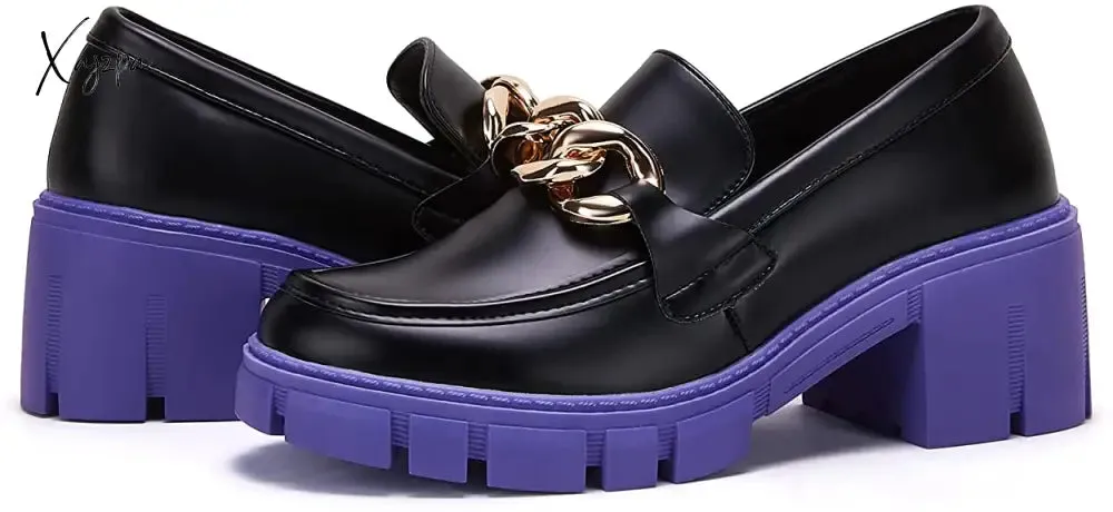Xajzpa - Women Party Chunky Heel Loafers Comfort Platform Loafers Slip on Lug Sole Shoes