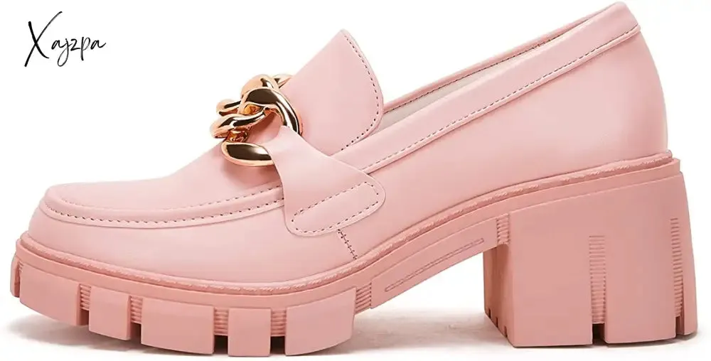 Xajzpa - Women Party Chunky Heel Loafers Comfort Platform Loafers Slip on Lug Sole Shoes