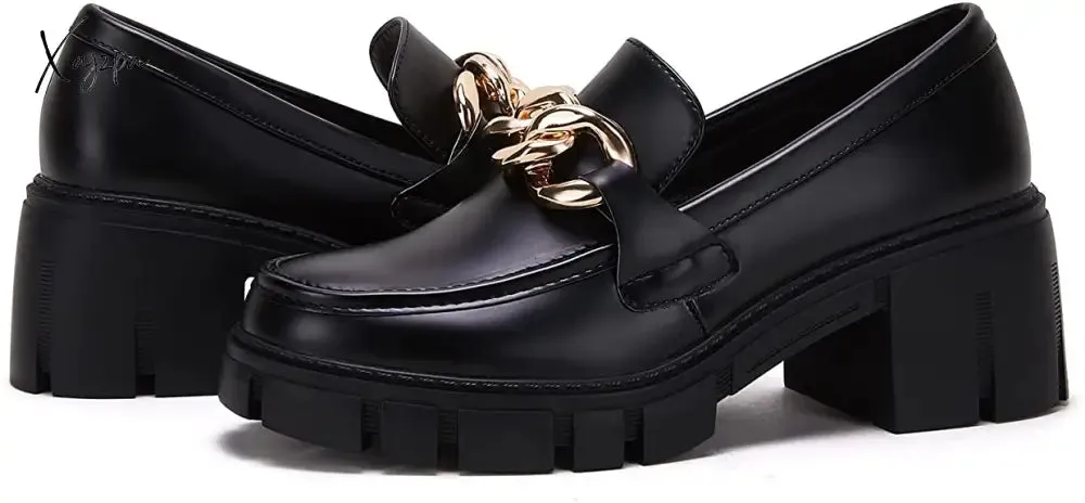 Xajzpa - Women Party Chunky Heel Loafers Comfort Platform Loafers Slip on Lug Sole Shoes
