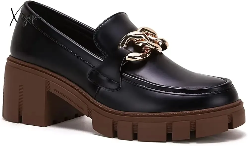Xajzpa - Women Party Chunky Heel Loafers Comfort Platform Loafers Slip on Lug Sole Shoes