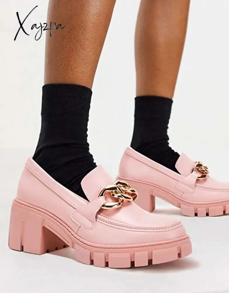 Xajzpa - Women Party Chunky Heel Loafers Comfort Platform Loafers Slip on Lug Sole Shoes