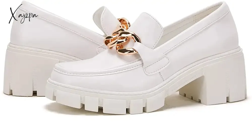 Xajzpa - Women Party Chunky Heel Loafers Comfort Platform Loafers Slip on Lug Sole Shoes