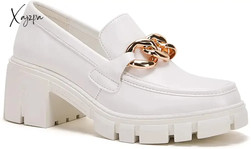 Xajzpa - Women Party Chunky Heel Loafers Comfort Platform Loafers Slip on Lug Sole Shoes